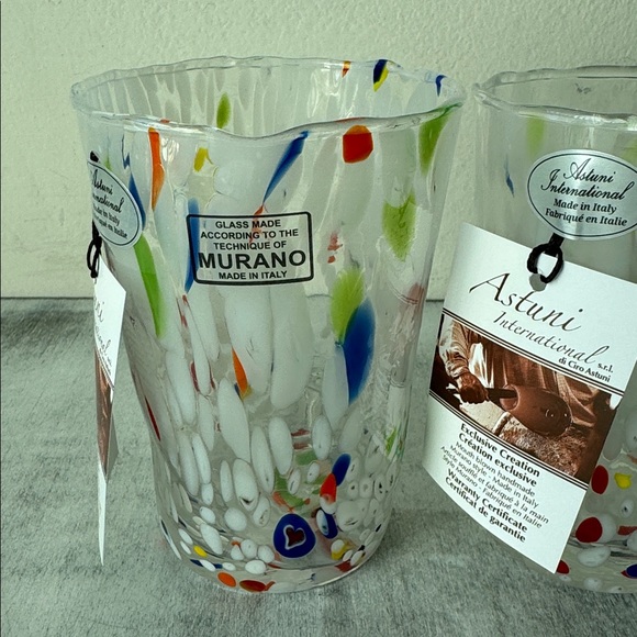 2 Glasses Murano Technique Confetti Drink Glass Tumblers White Blue Red Italy - Picture 7 of 11